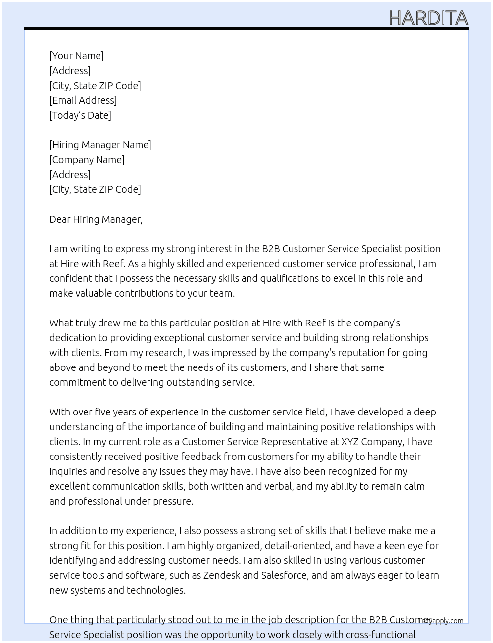 B2B Customer Service Specialist At Hire with Reef Cover Letter