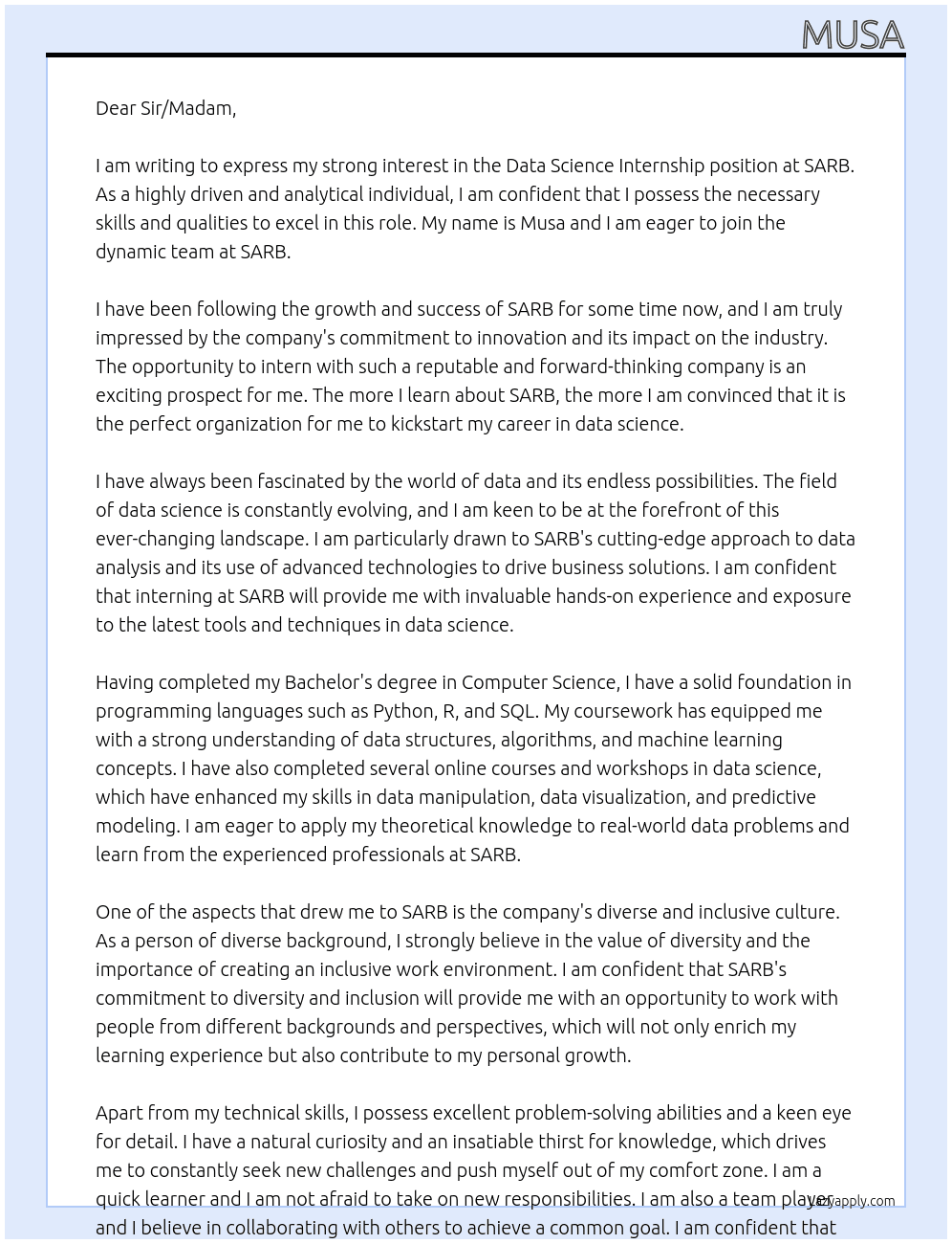data science internship At SARB Cover Letter