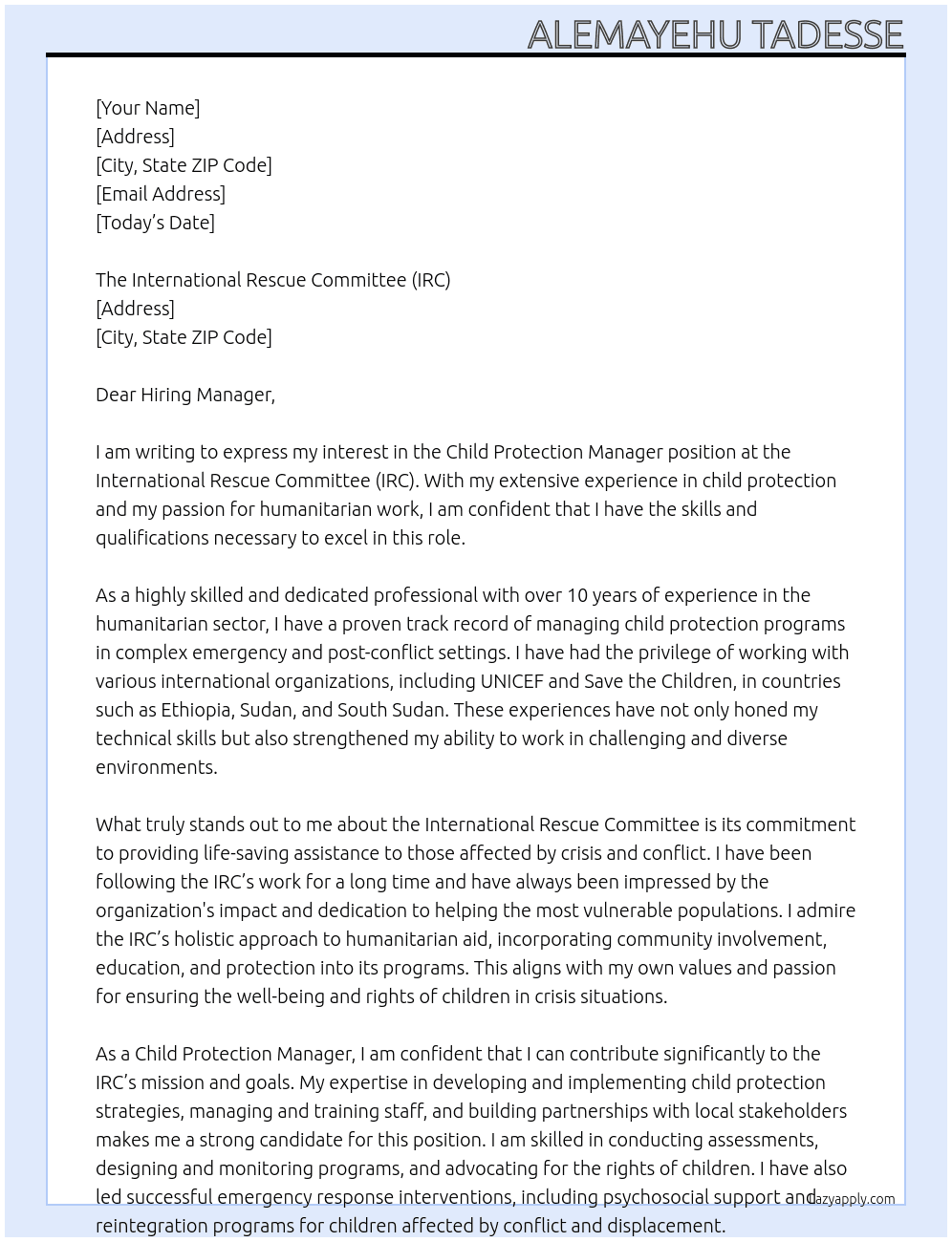 Child protection manager At International Rescue Committee (IRC) Cover Letter