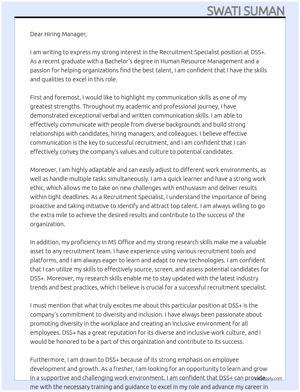 Recruitment specialist  At DSS+ Cover Letter