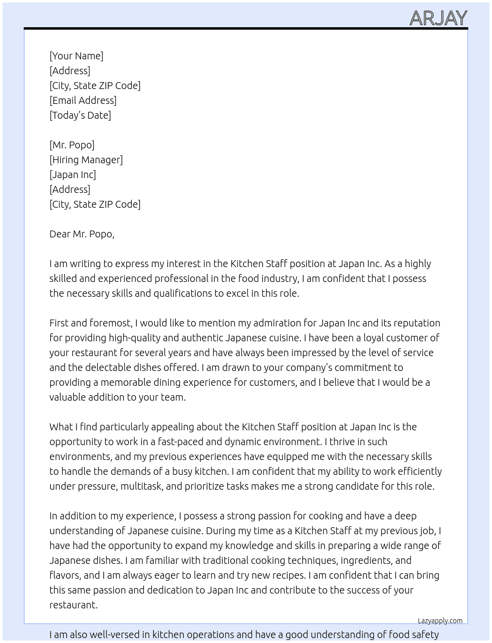Kitchen staff  At Japan Inc Cover Letter