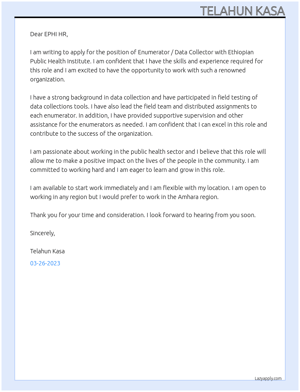 Enumerator / Data Collector At Ethiopian Public Health Institute Cover Letter