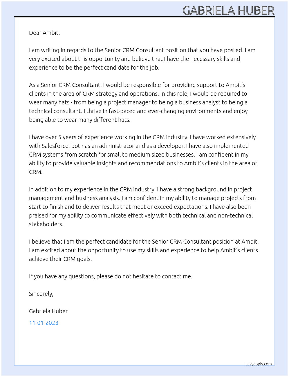 Senior CRM Consultant At Ambit Cover Letter