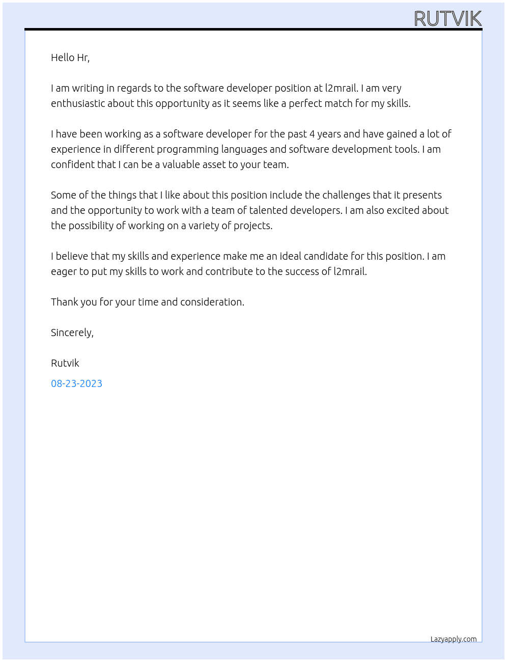 software developer At l2mrail Cover Letter