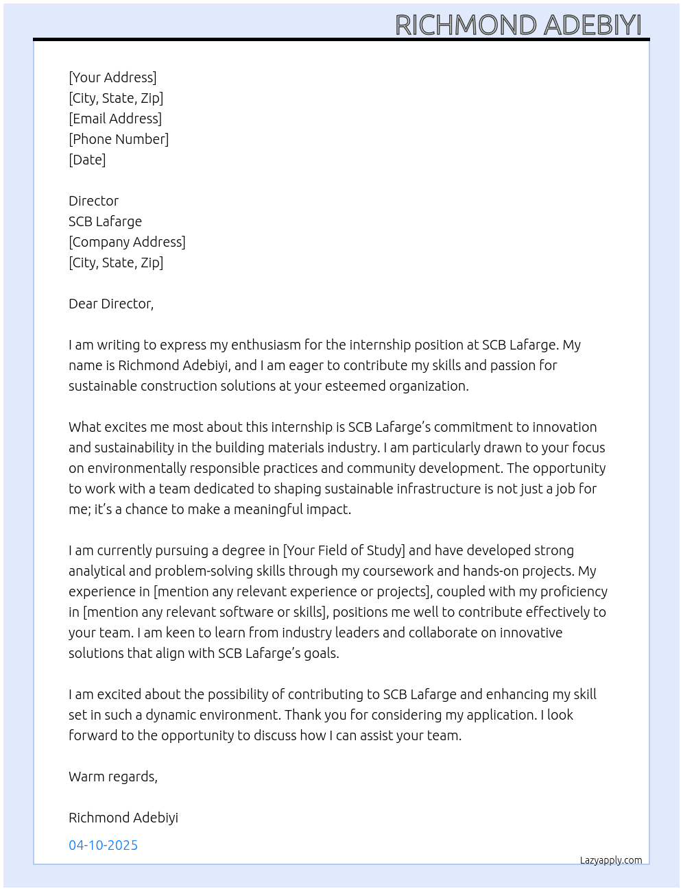 internship At SCB Larfage  Cover Letter