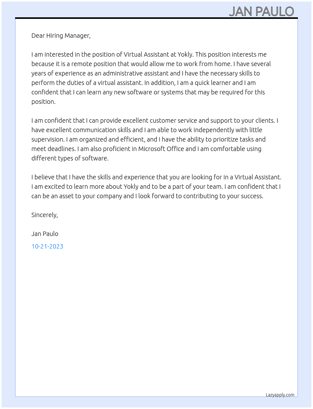 Virtual Assistant At Yokly Cover Letter