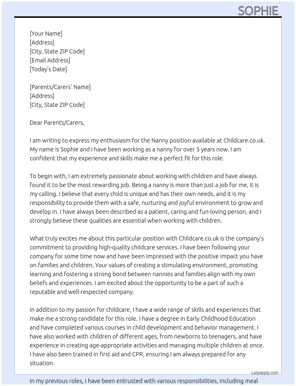 Nanny At Childcare.co.uk Cover Letter