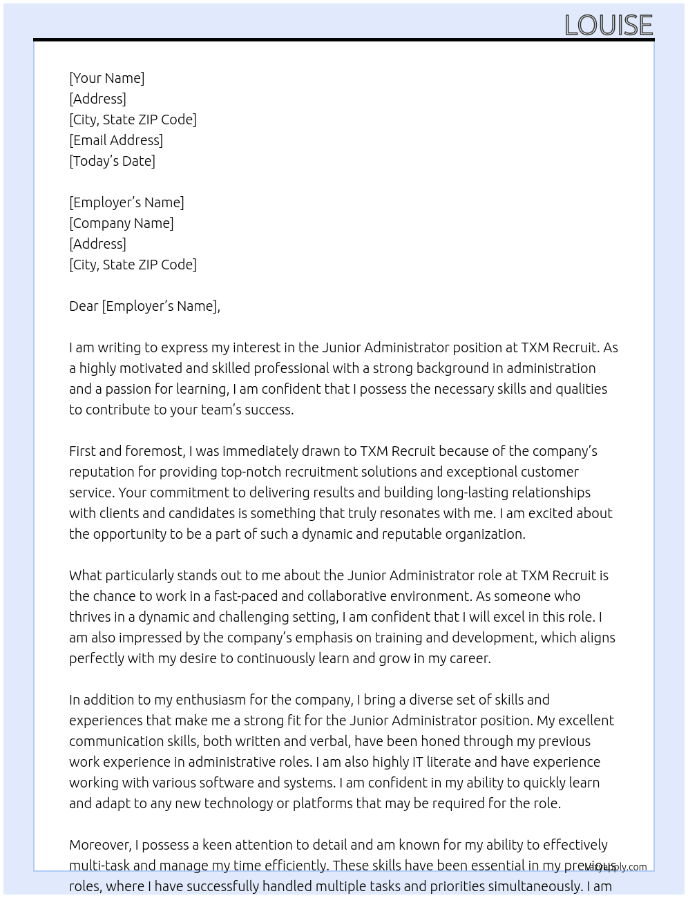 Junior Administrator At TXM Recruit Cover Letter