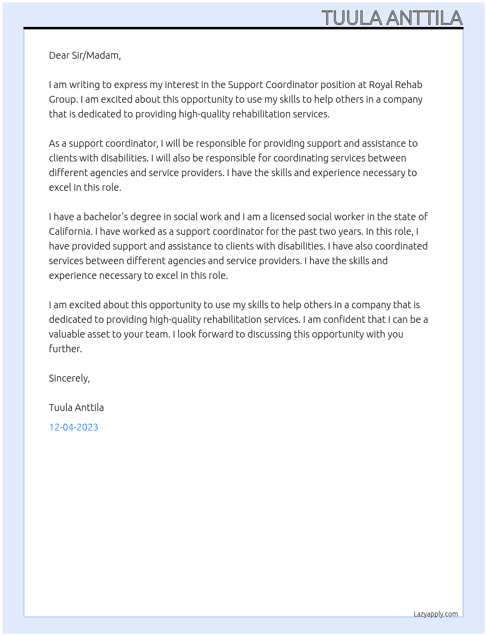 Support Coordinator At Royal Rehab Group Cover Letter