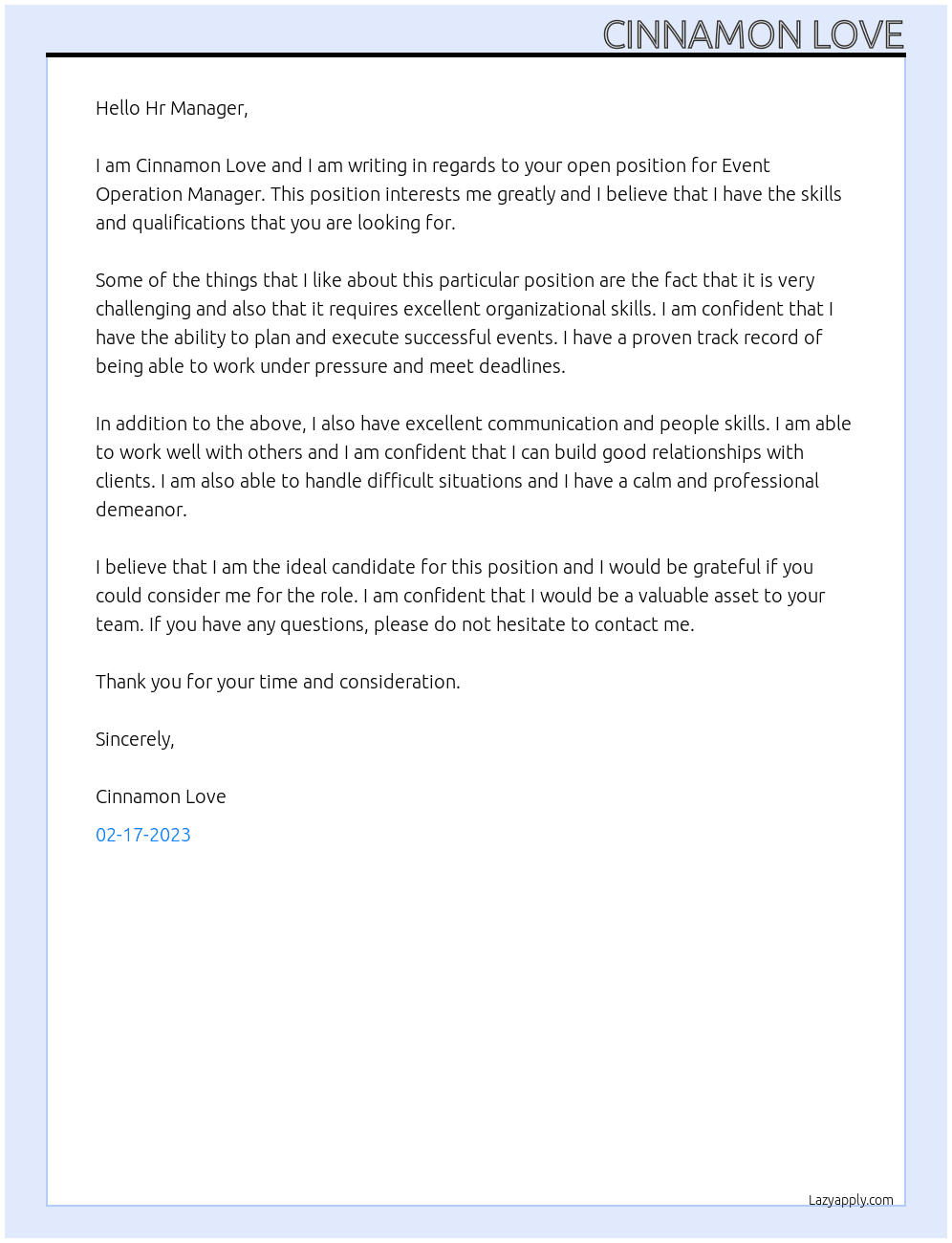 Event Operation Manager At your open position Cover Letter