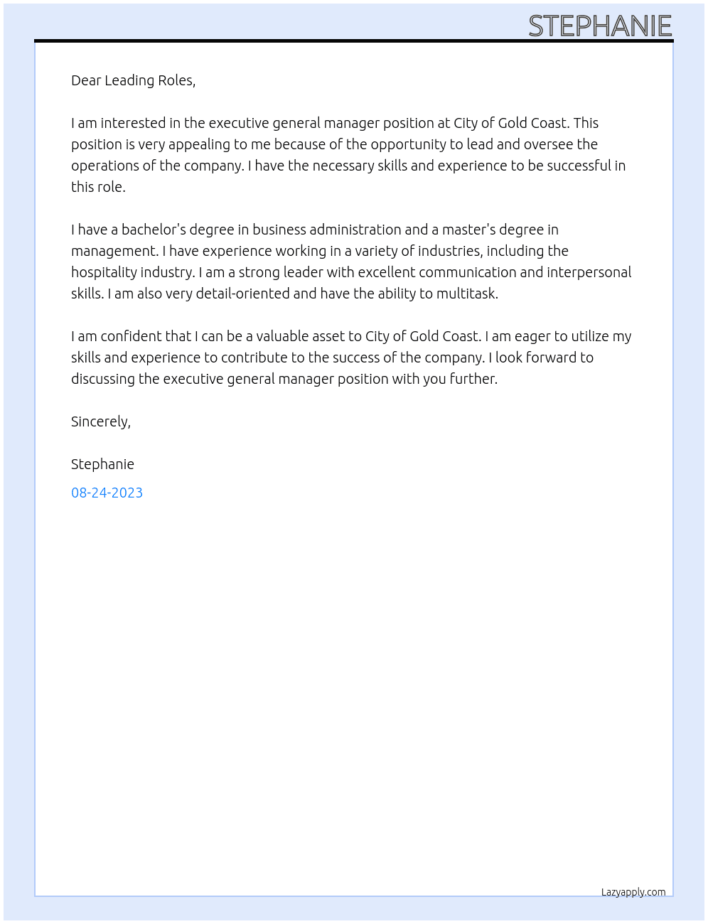 >xecutive General Manager At City of Gold Coast Cover Letter