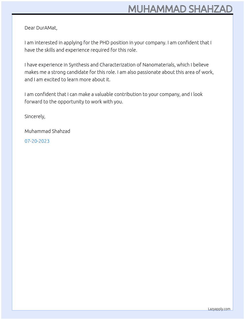 PHD At DurAMat Cover Letter