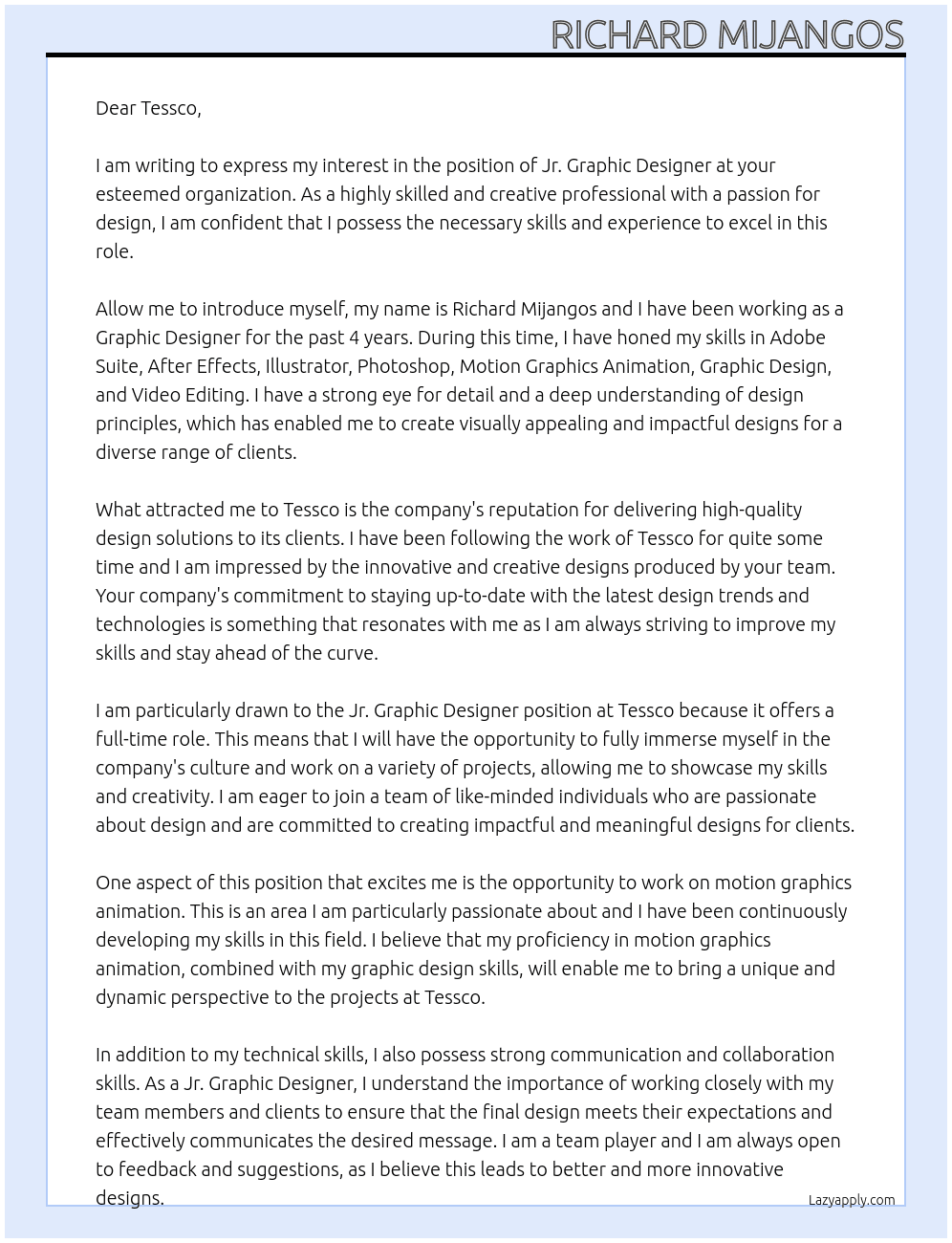 Jr. Graphic Designer At Tessco Cover Letter