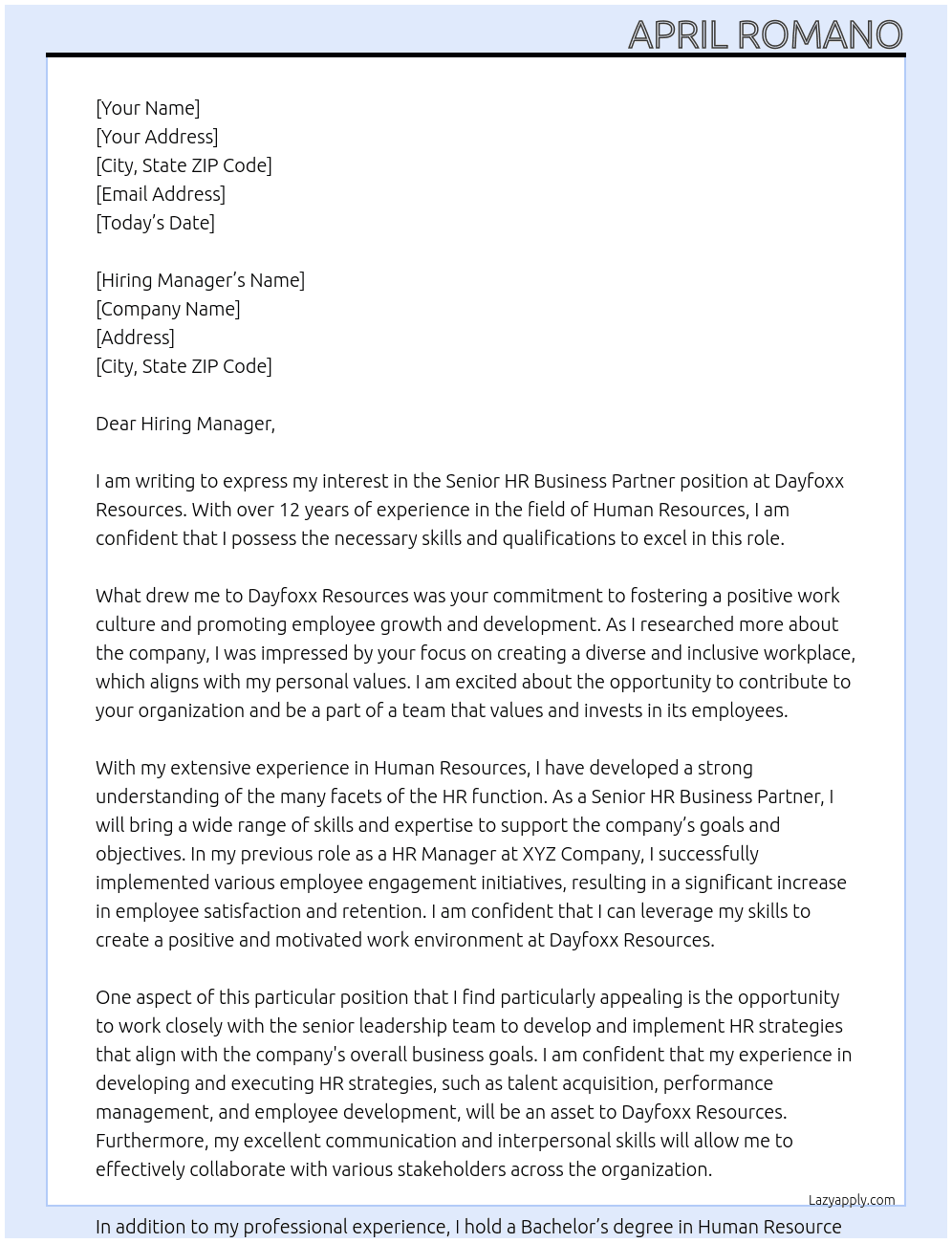 Senior HR Business Partner At Dayfoxx Resources Cover Letter