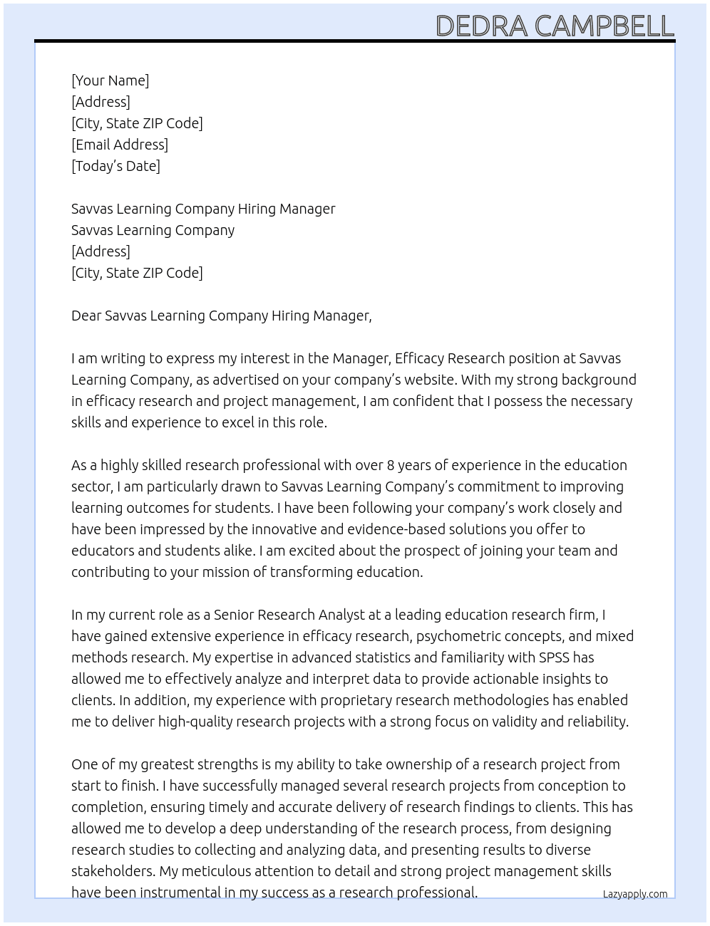 Manager, Efficacy Research At Savvas Learning Company Cover Letter
