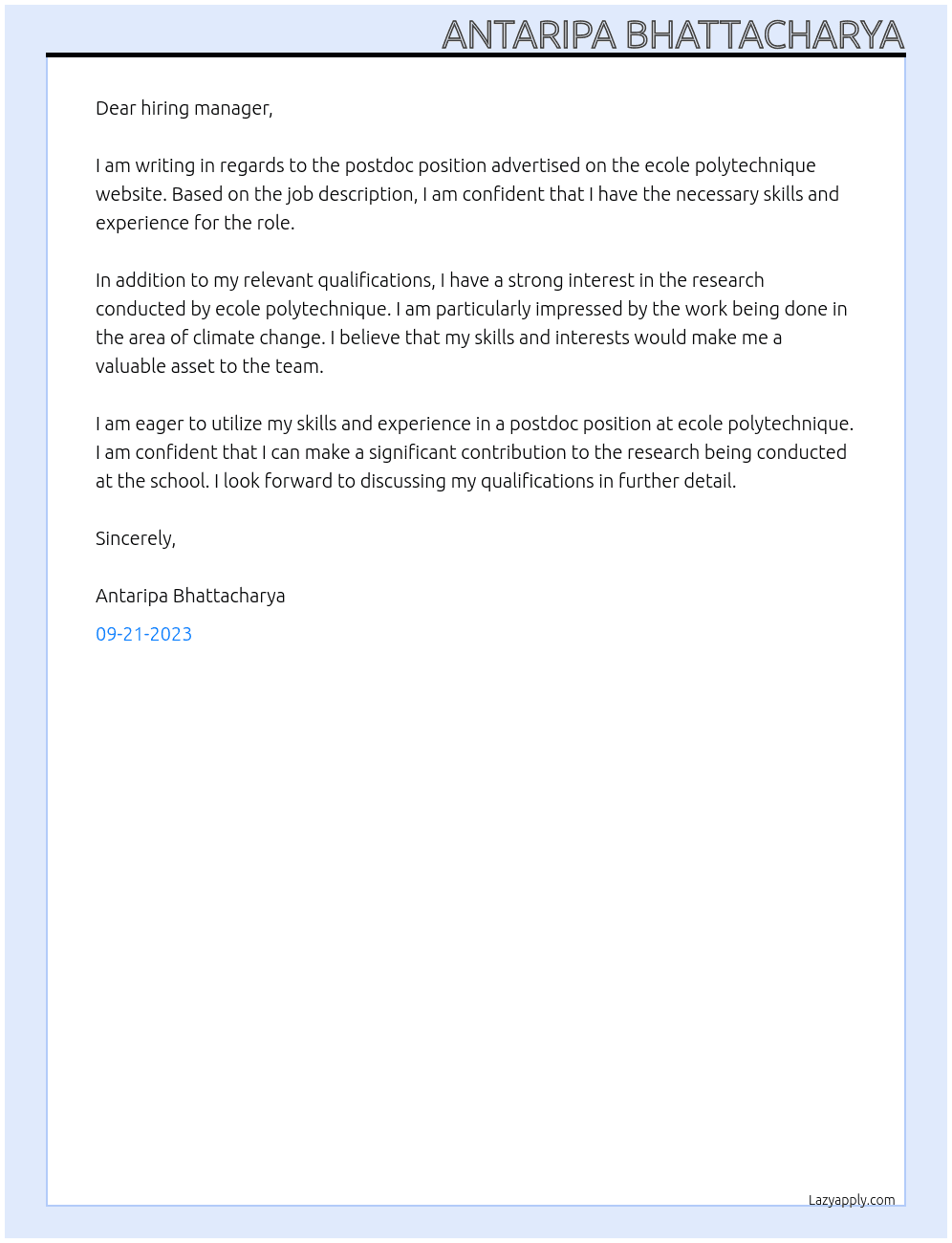 postdoc position At ecole polytechnique  Cover Letter