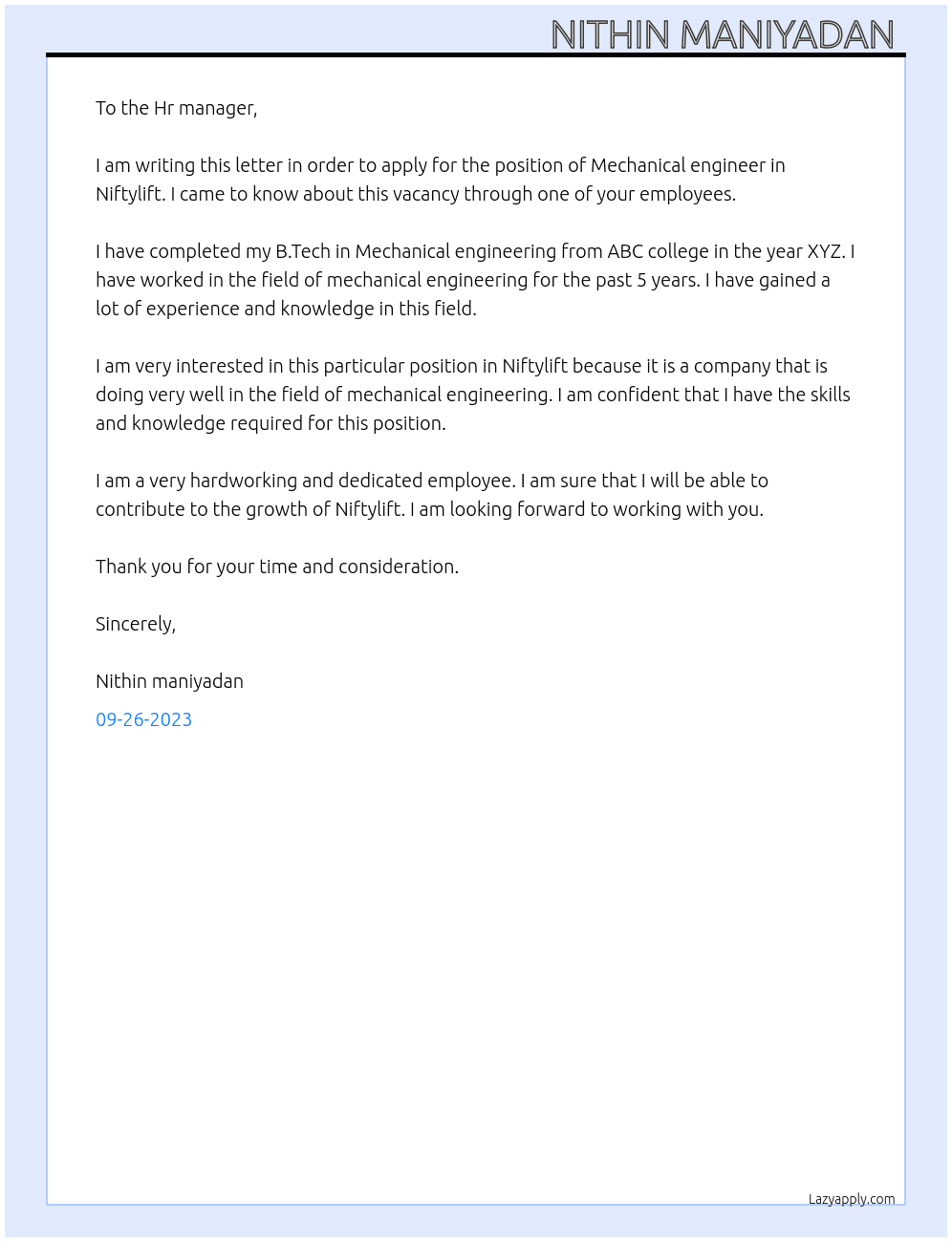 Mechanical engineer At Niftylift  Cover Letter