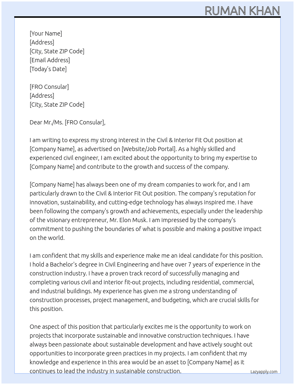 Civil & interior Fit out At Elon Musk Cover Letter