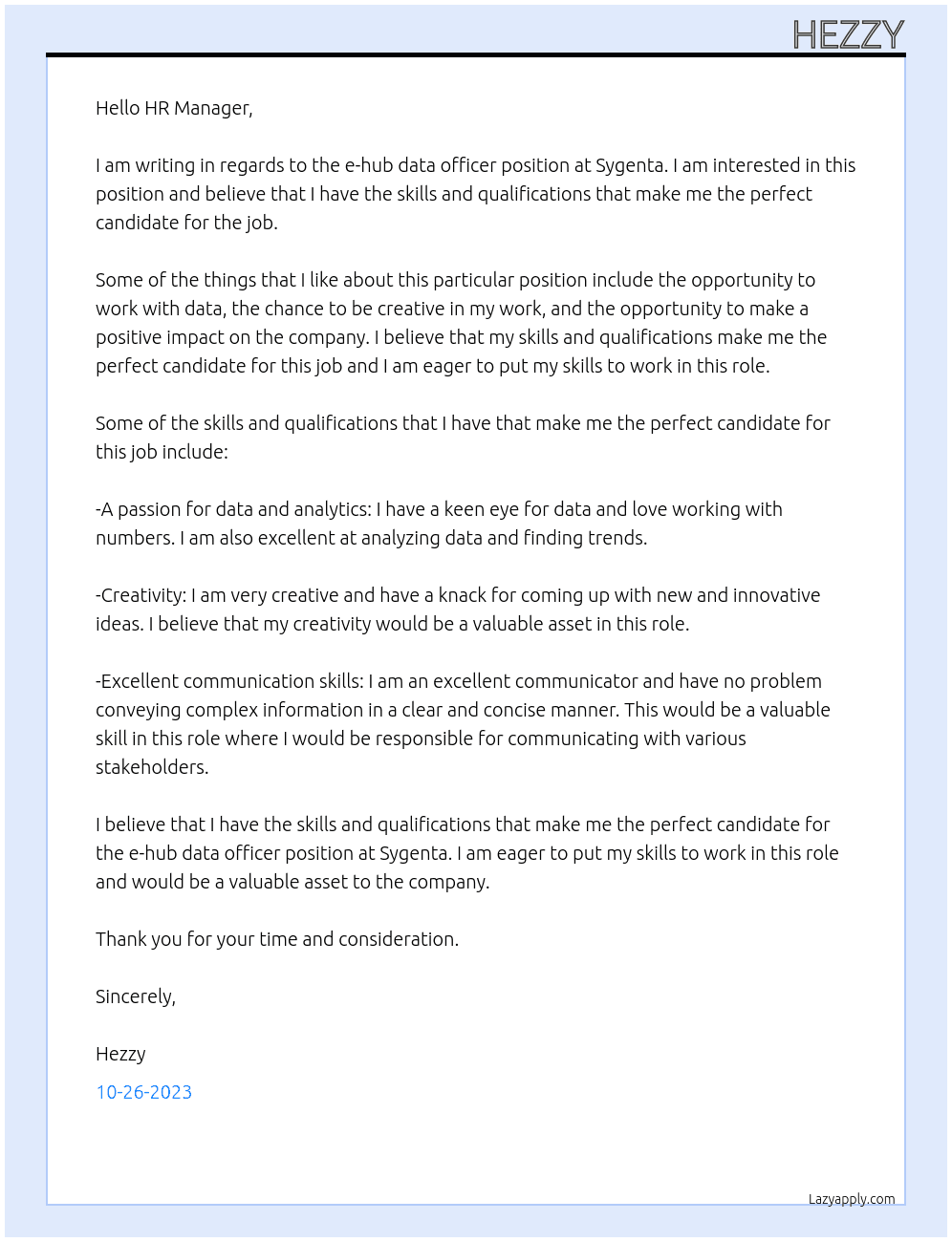 e-hub data officer At sygenta  Cover Letter
