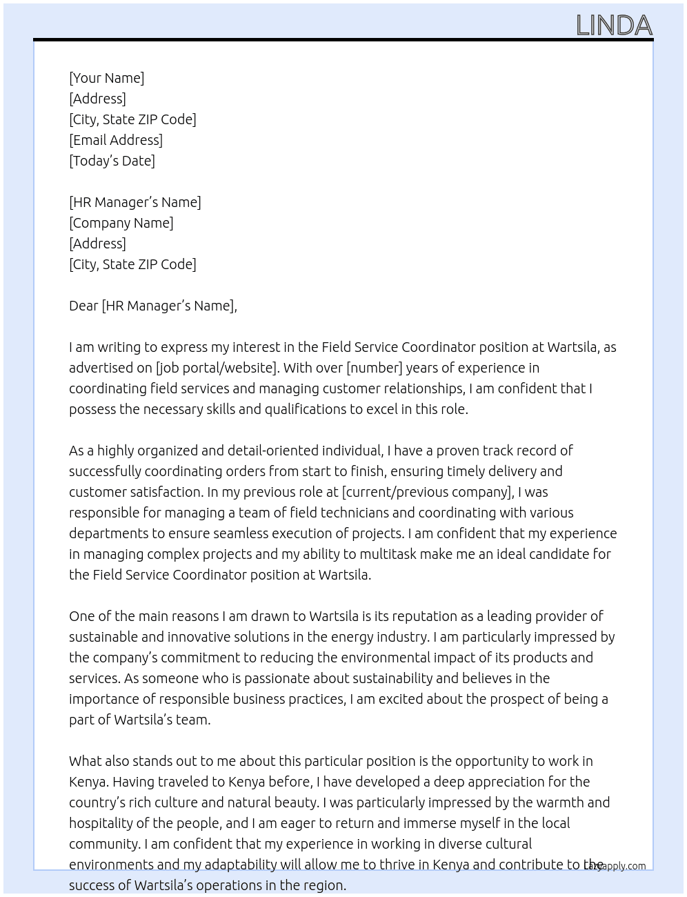Field Service Cordinator At Wartsila Cover Letter