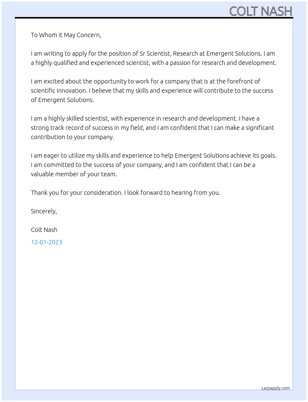 Sr Scientist, Research At Emergent Solutions Cover Letter