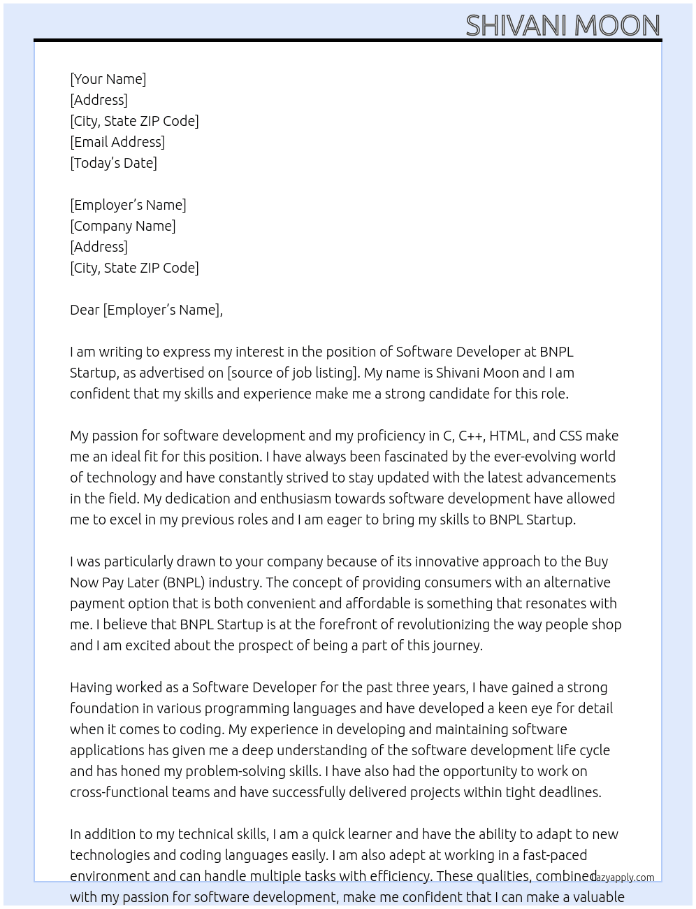 Software Developer At BNPL Startup Cover Letter