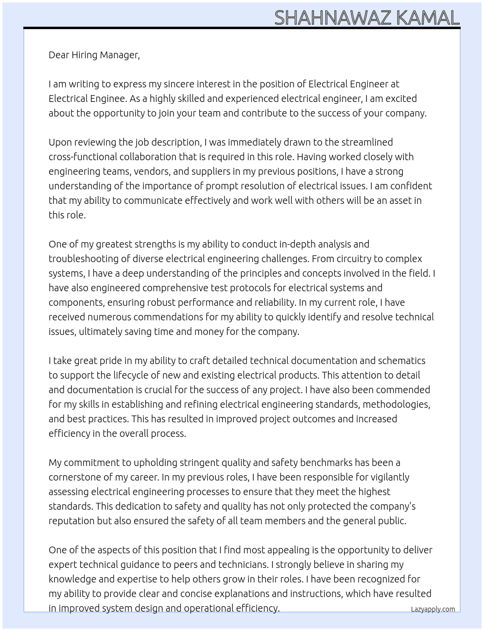 Electrical Engineer At Electrical Enginee Cover Letter