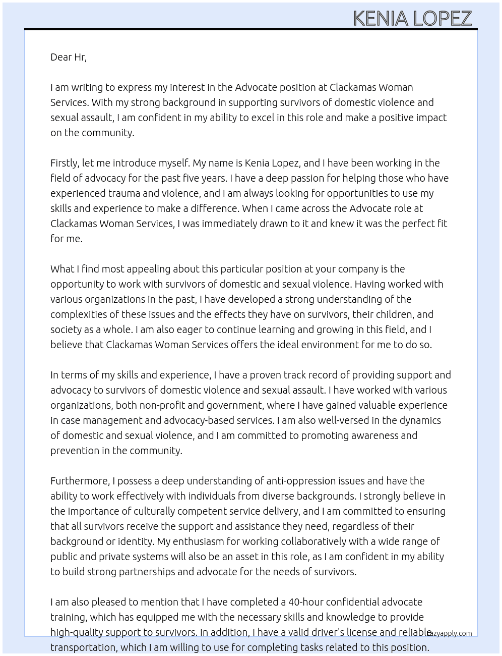 Advocate  At Clackamas woman services  Cover Letter