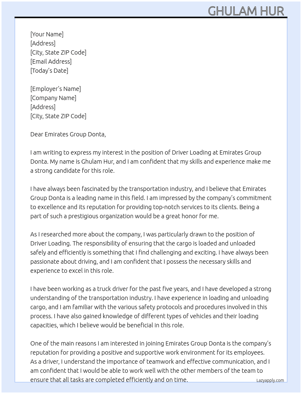 Driver loading of loading  At Emirates group Donta  Cover Letter