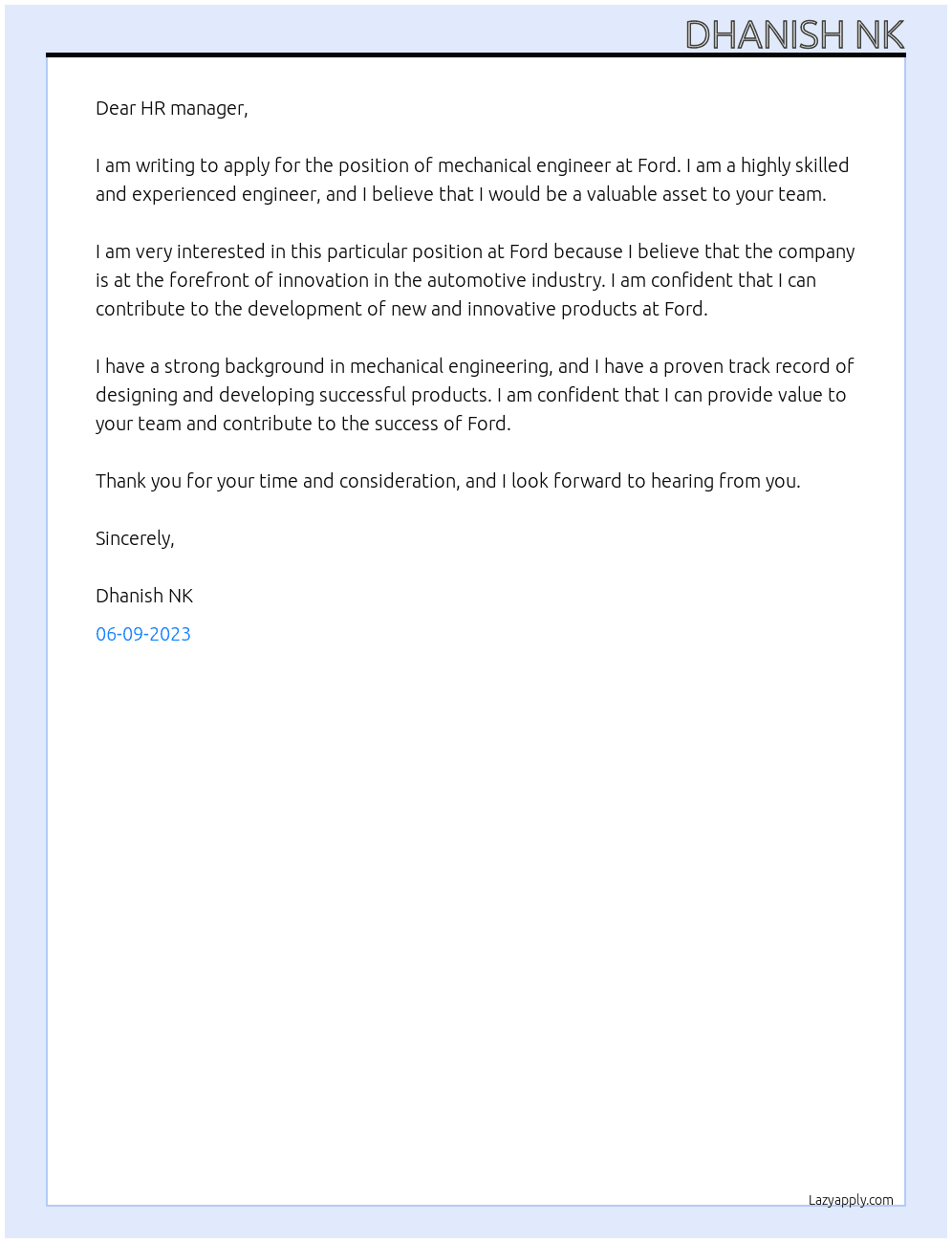 Mechanical engineer  At Ford Cover Letter