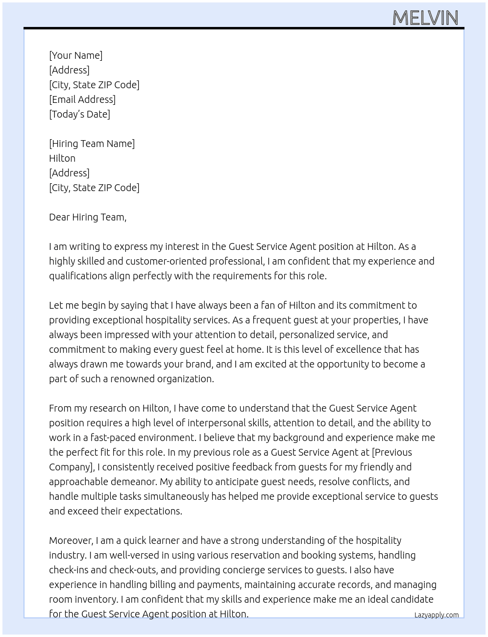 Guest service agent At Hilton  Cover Letter