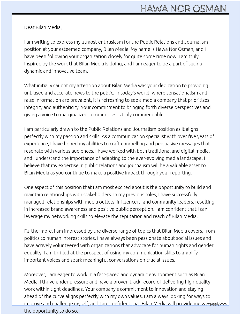 Public relation and journalism  At Bilan media  Cover Letter