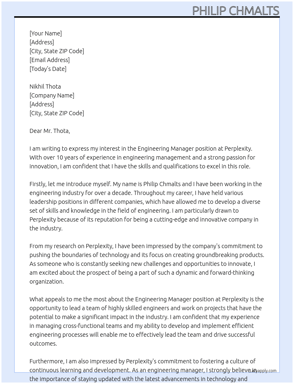 Engineering Manager At Perplexity Cover Letter