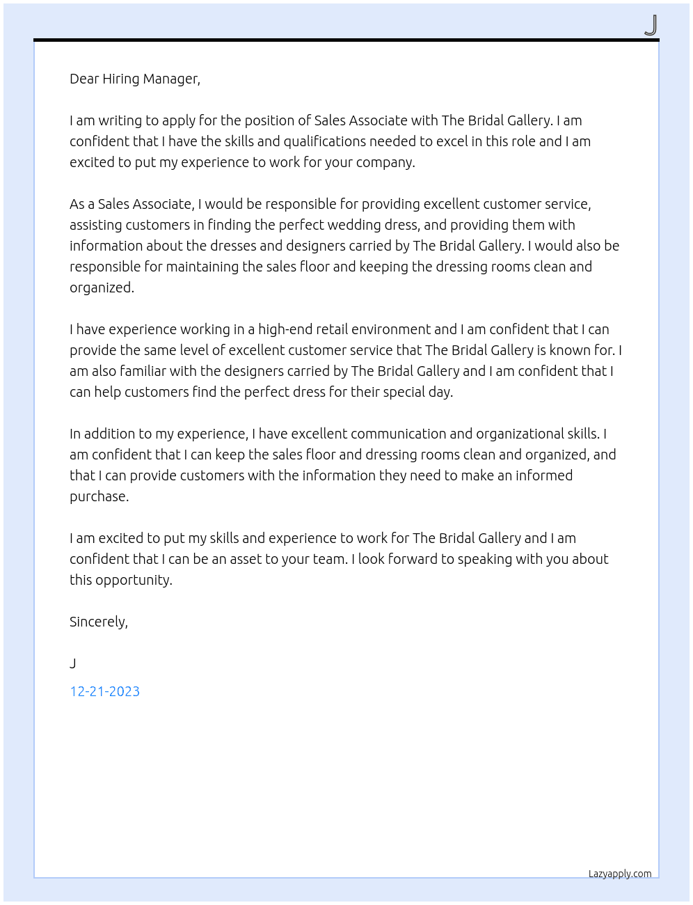 Sales Associate At The Bridal Gallery Cover Letter