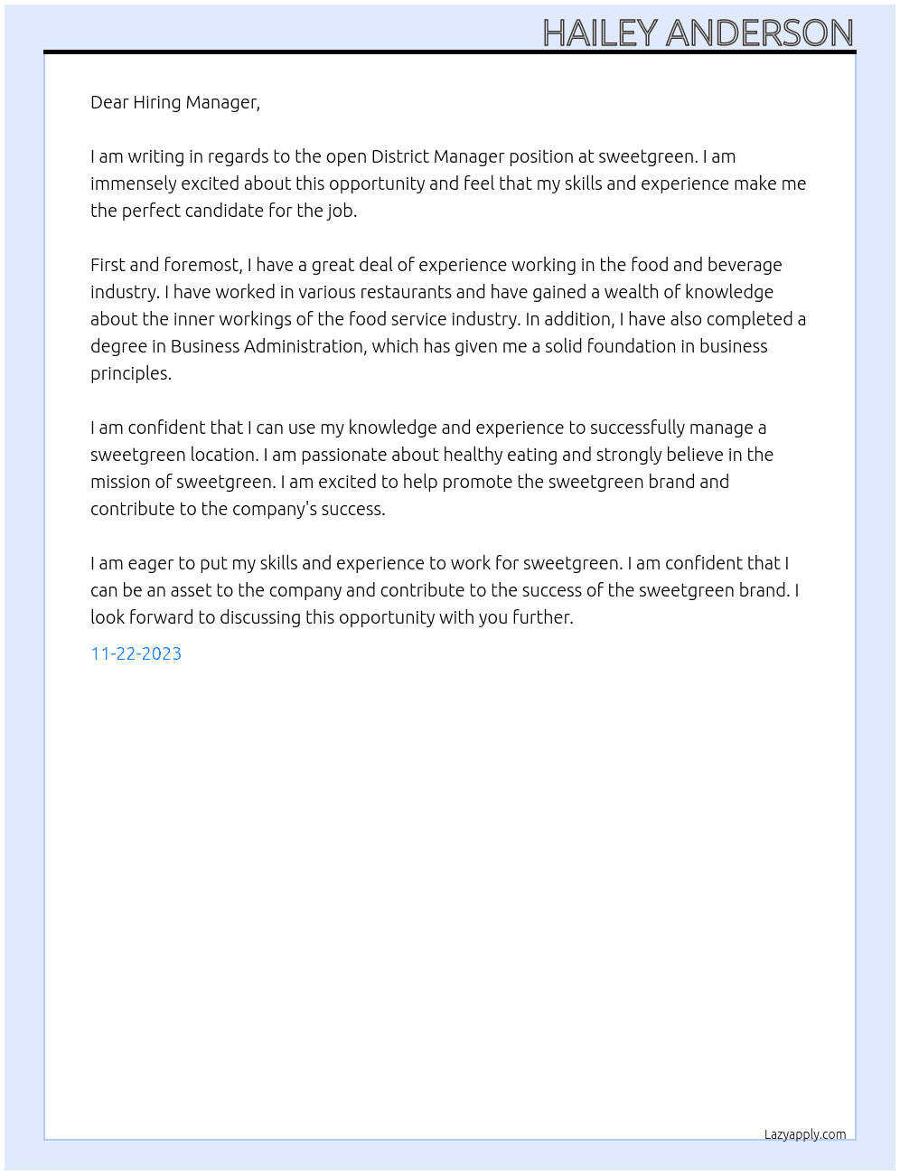 District Manager  At sweetgreen Cover Letter