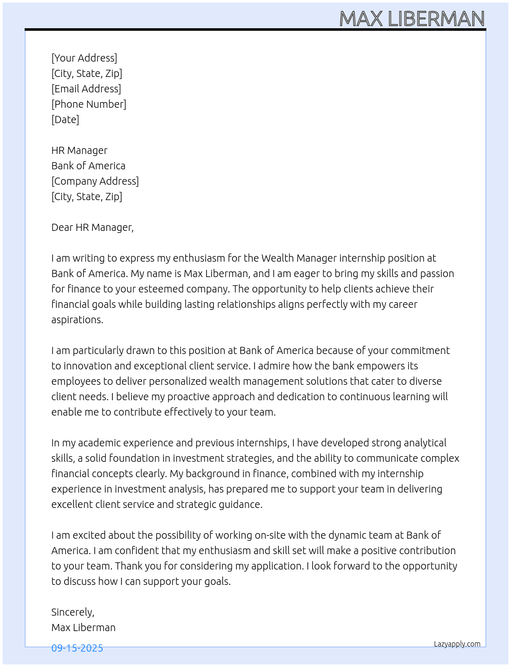 Wealth Manager At Bank of America Cover Letter