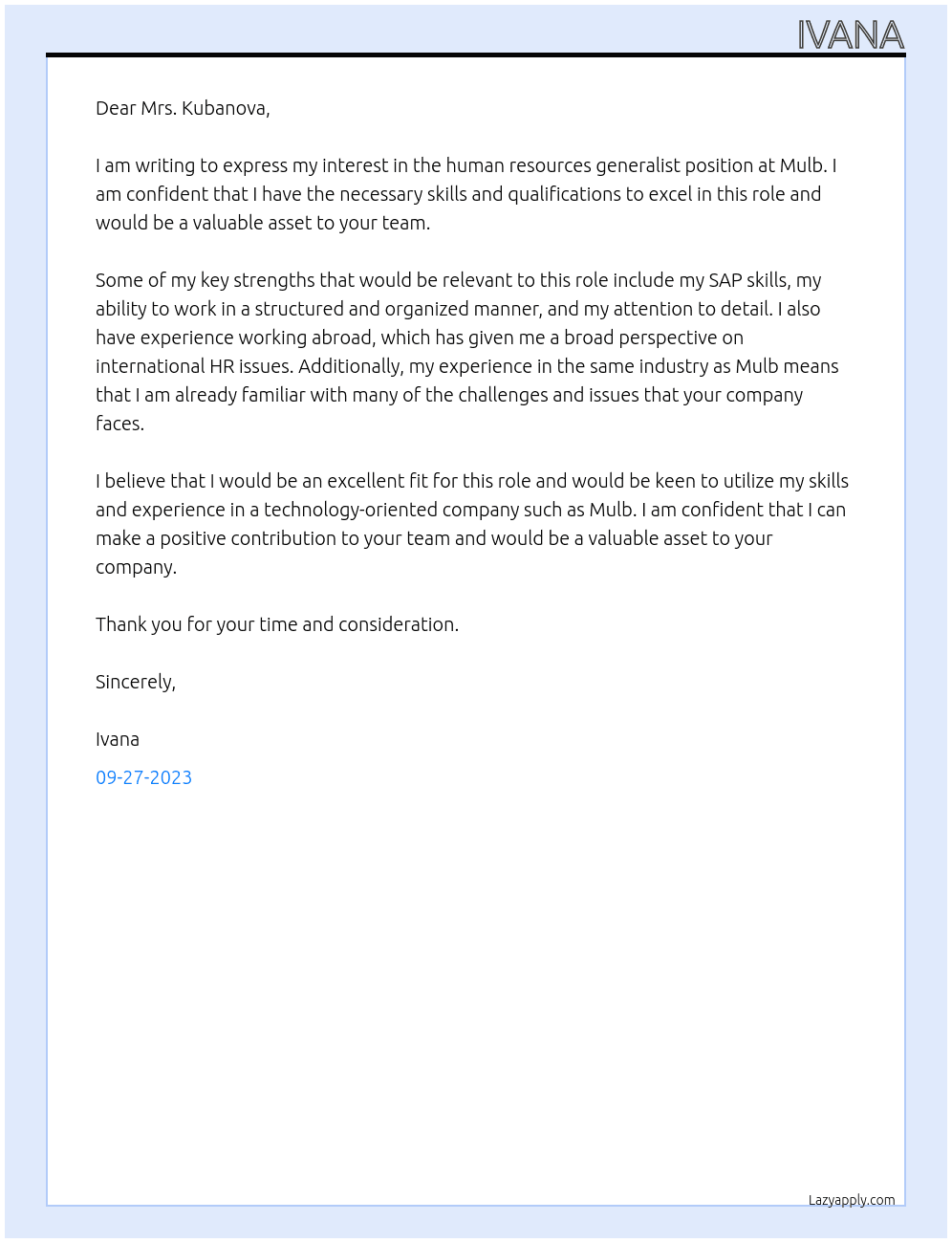 human resources generalist At Mulb Cover Letter
