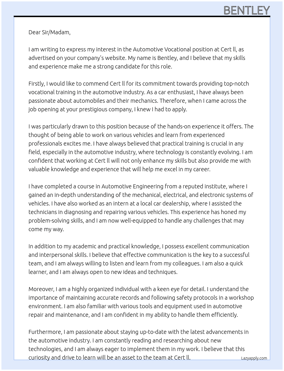  automotive vocational  At Cert ll Cover Letter