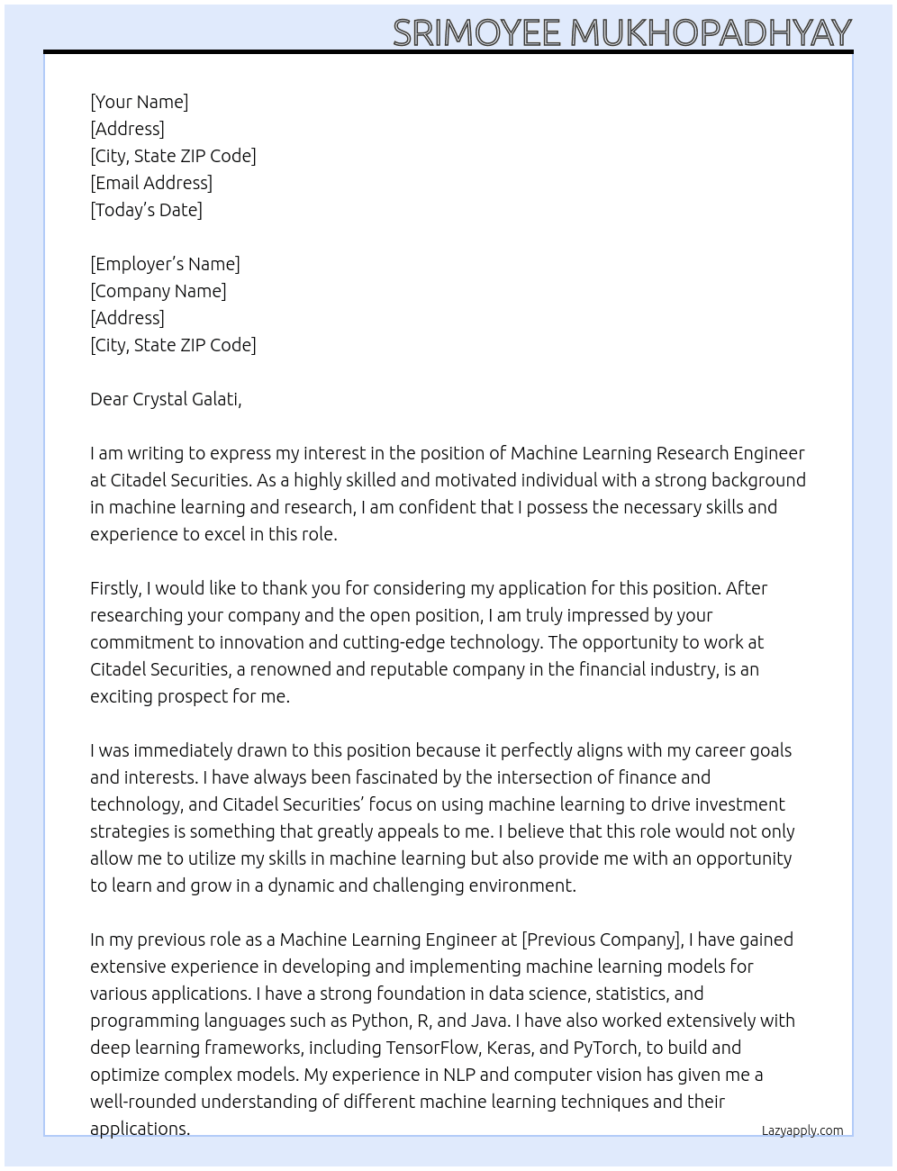 Machine Learning Research Engineer At Citadel Securites Cover Letter
