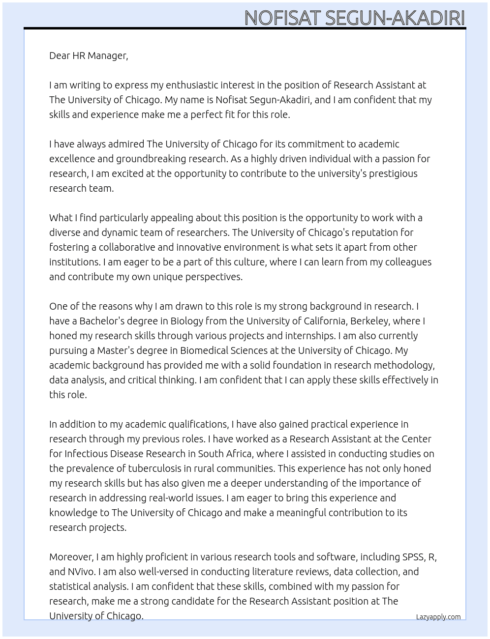 research assistant At The University of chicago Cover Letter