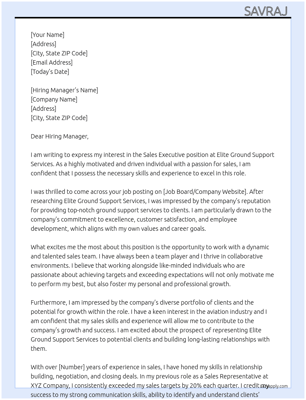 Sales executive  At Elite Ground Support Services  Cover Letter