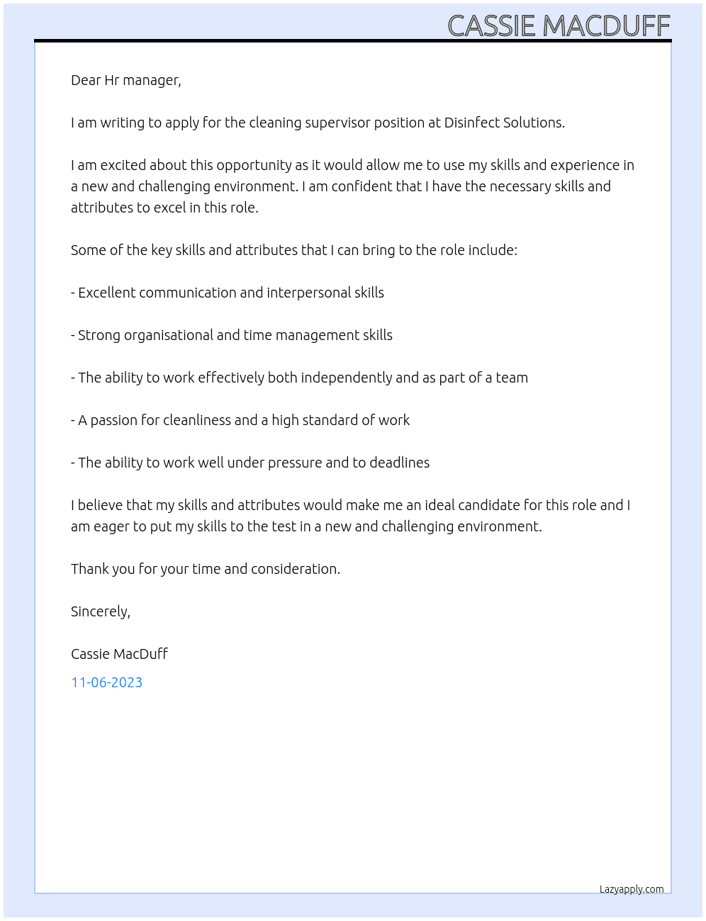 Cleaning supervisor  At Disinfect Solutions  Cover Letter