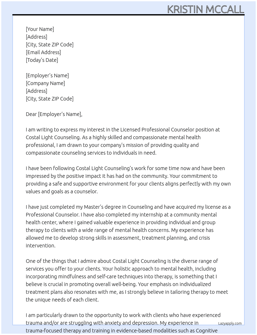 Licensed Professional Counselor At Costal Light Counseling Cover Letter
