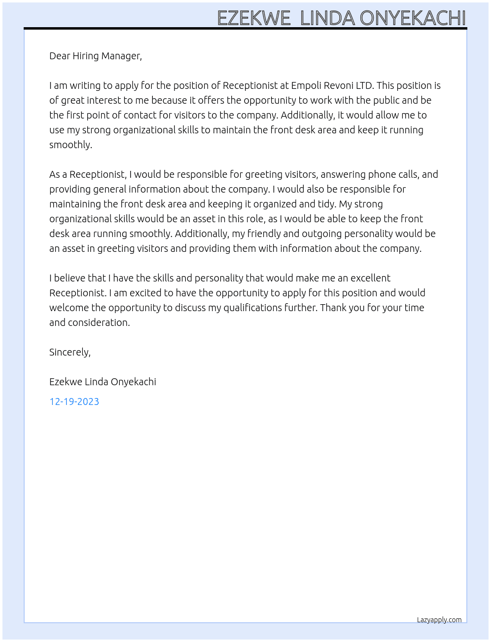 Receptionist  At Empoli Revoni LTD Cover Letter