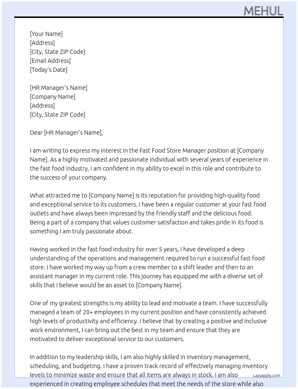 fast food store manager At noname Cover Letter