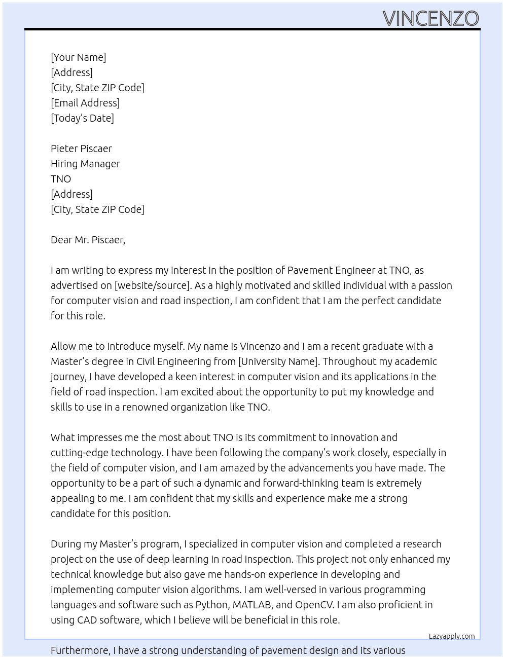 Pavement engineer At TNO Cover Letter