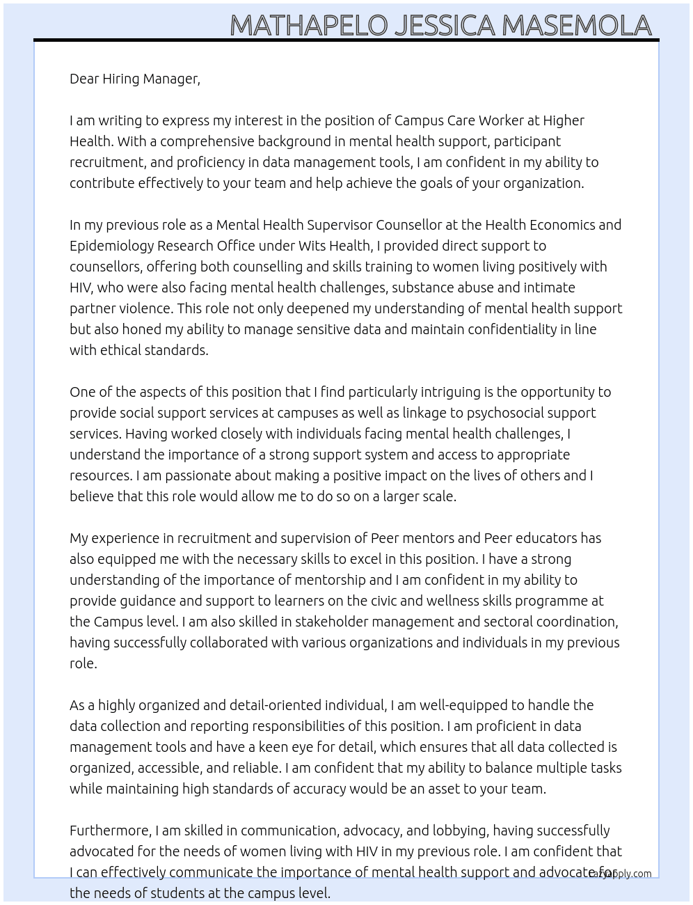Cover letter for campus care worker - LazyApply