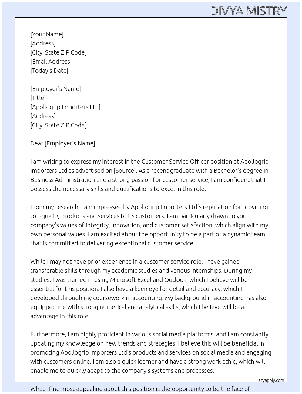 Customer service officer At Apollogrip Importers Ltd Cover Letter