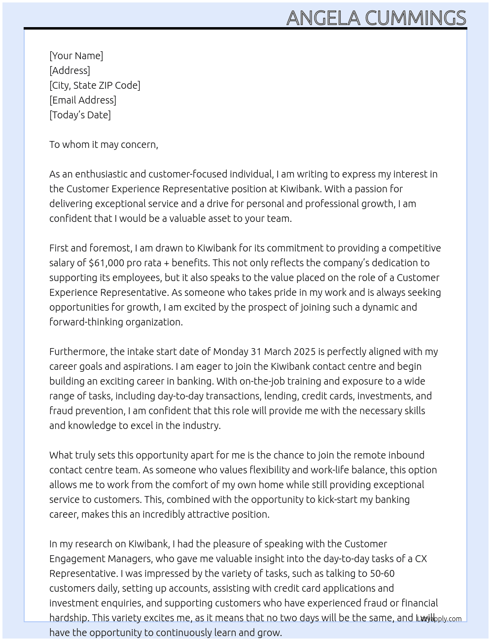 customer experience representative At Kiwibank Cover Letter