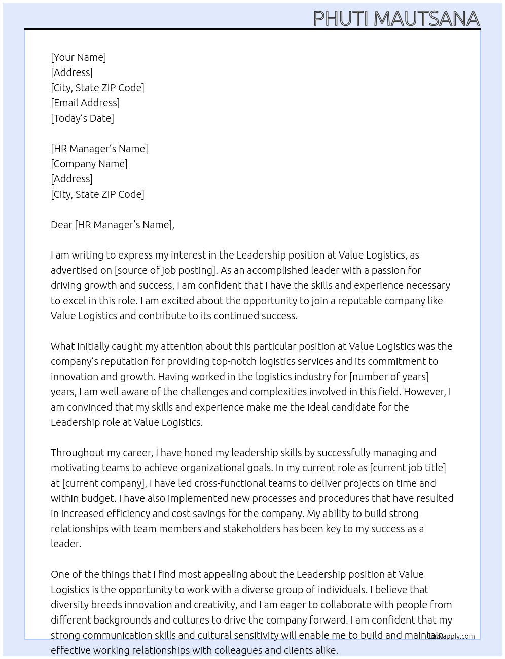 Leadership At Value Logistics Cover Letter